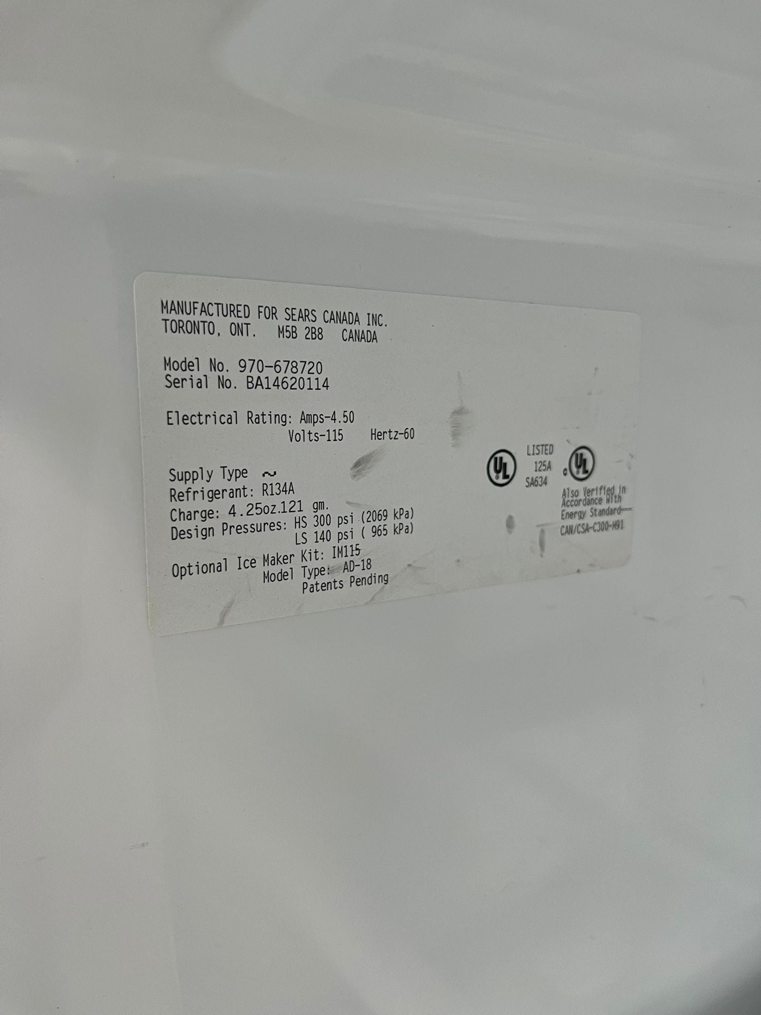 30 inch white Kenmore 30 inch fridge 970-678720 "refurbished"