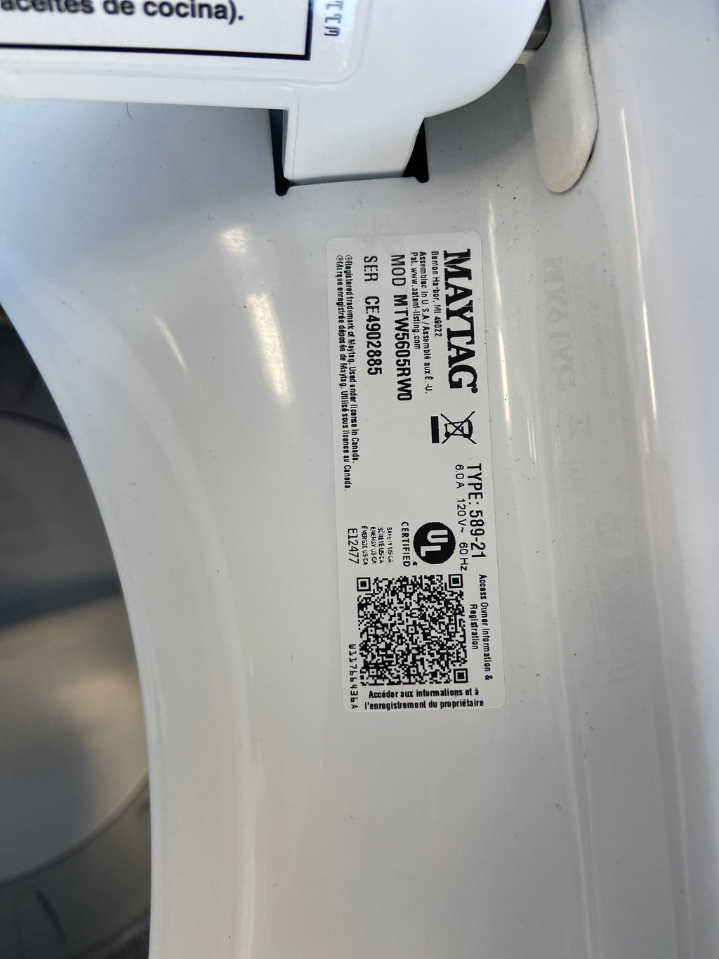 Maytag Top Load Washer, White, transparent top cover, “Brand New” 1 year warranty.