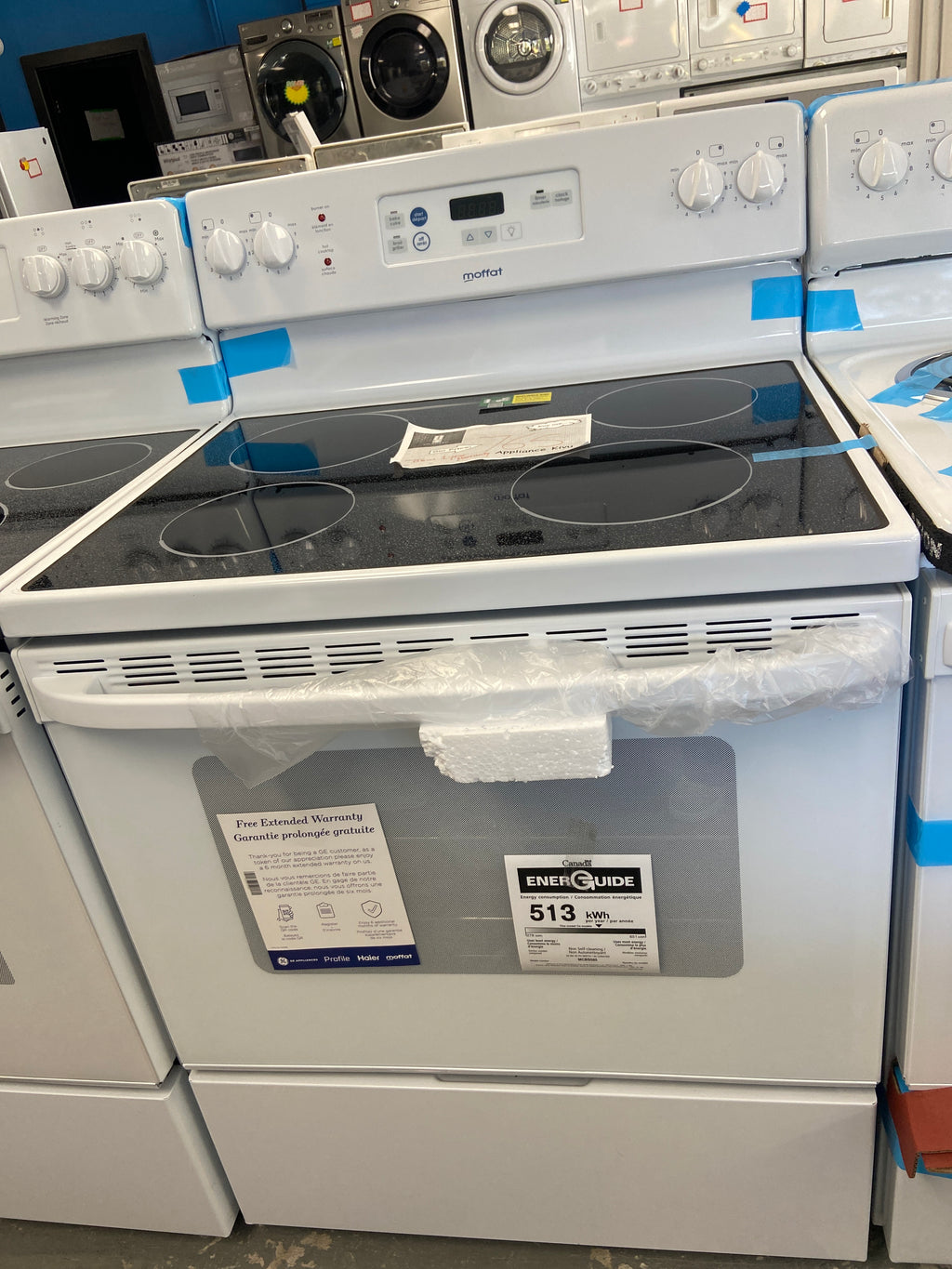 Moffat glass top stove, MCBS585DN5WW, white, “Brand New”, 1 Year factory Warranty