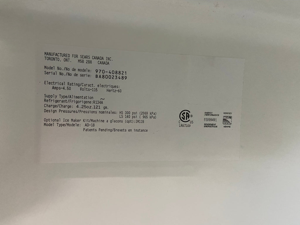 White 30” Kenmore 970-408821 Fridge (Refurbished)