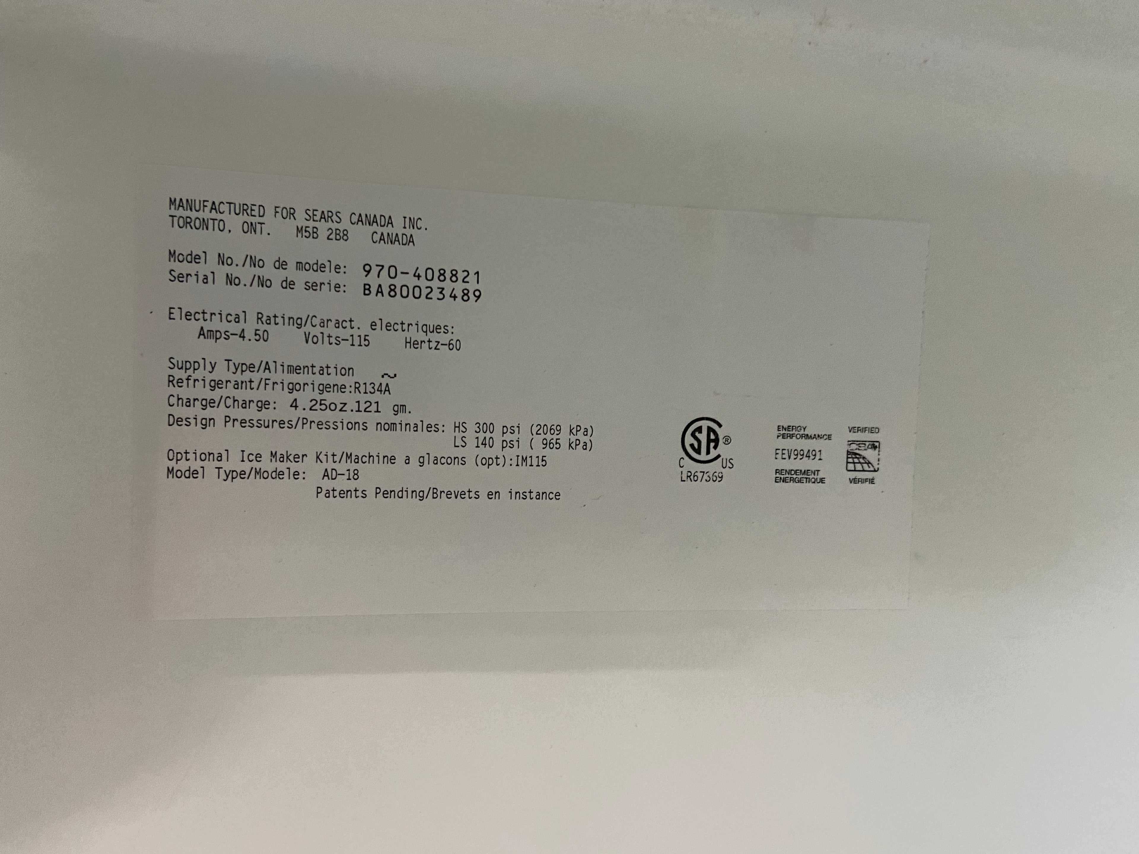 White 30” Kenmore 970-408821 Fridge (Refurbished)