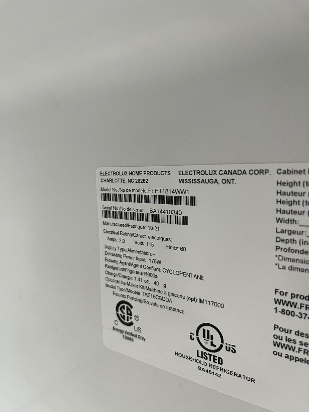 Frigidaire FFHT1814YW1 White Top Freezer Refrigerator, 30 inch Width, 18.2 cu. ft. "refurbished"