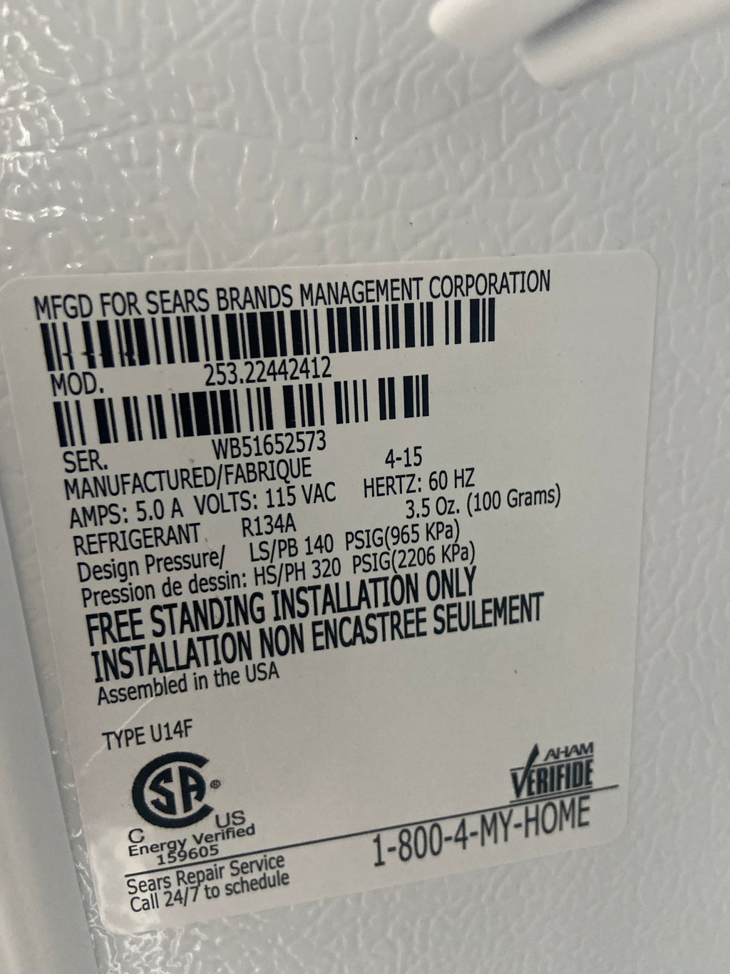 Kenmore white stand up freezer, 14 cu ft., 253.22442412, “Refurbished”, 3 Months warranty