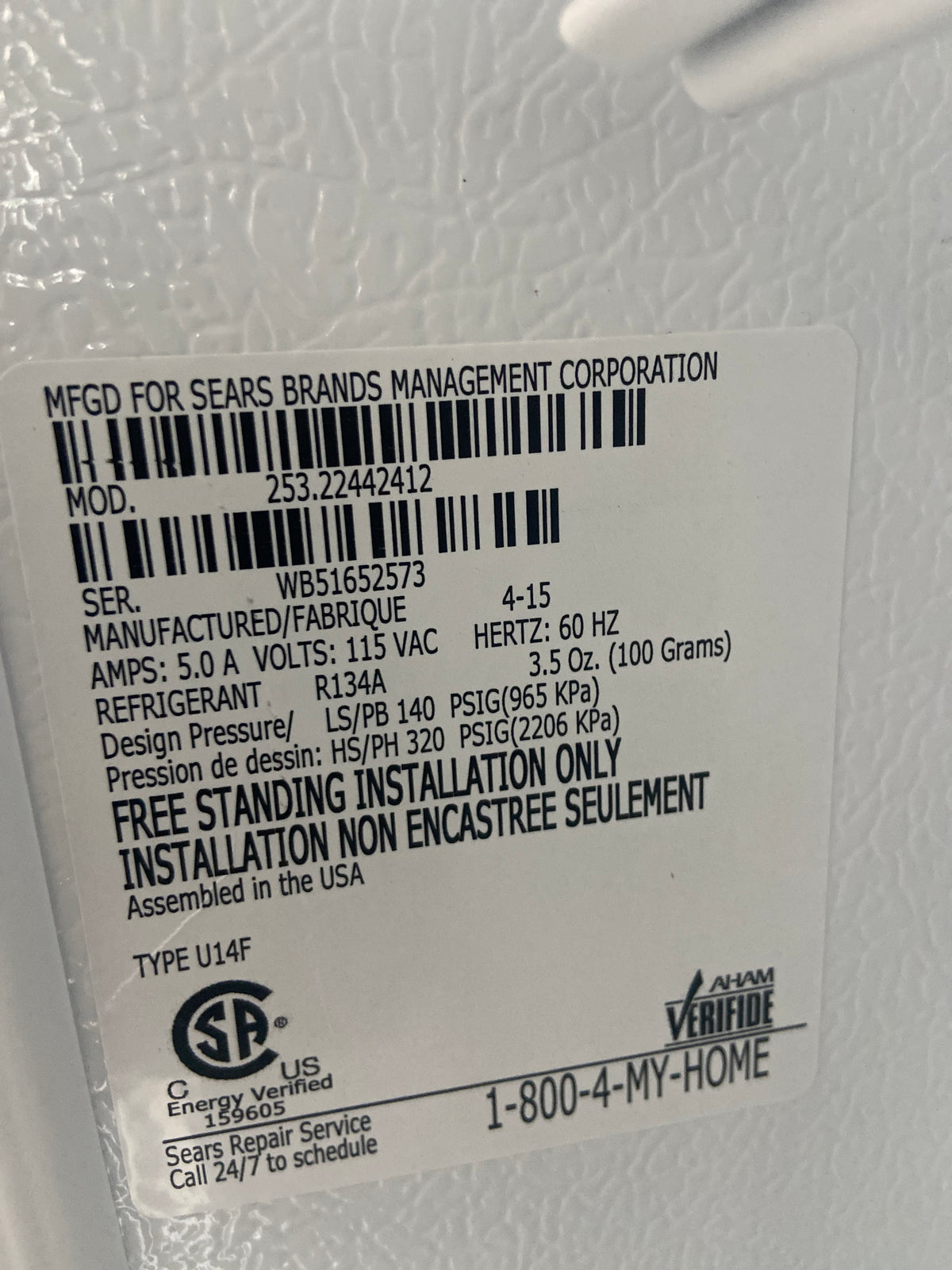Kenmore white stand up freezer, 14 cu ft., 253.22442412, “Refurbished”, 3 Months warranty