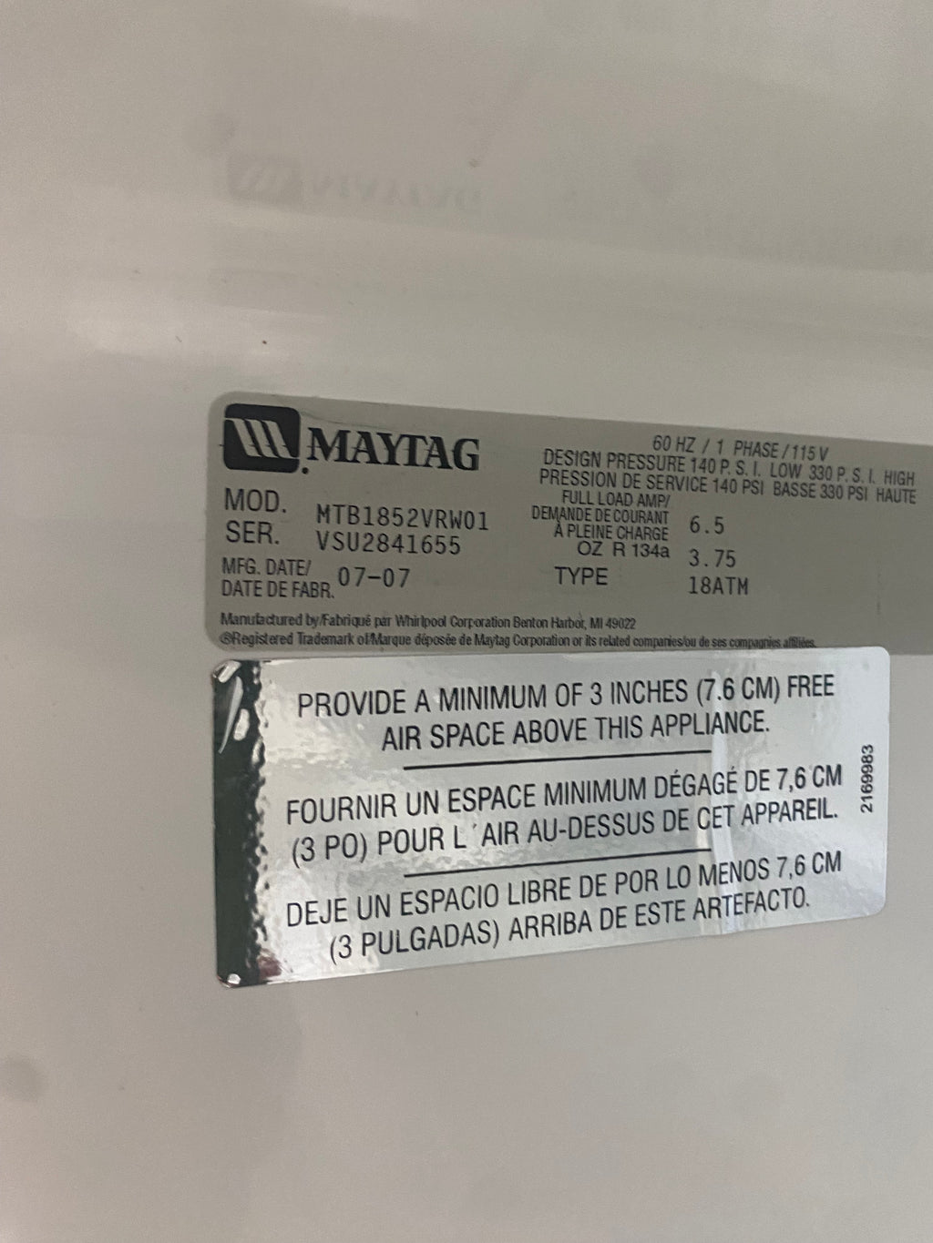 Maytag white fridge, "Refurbished"