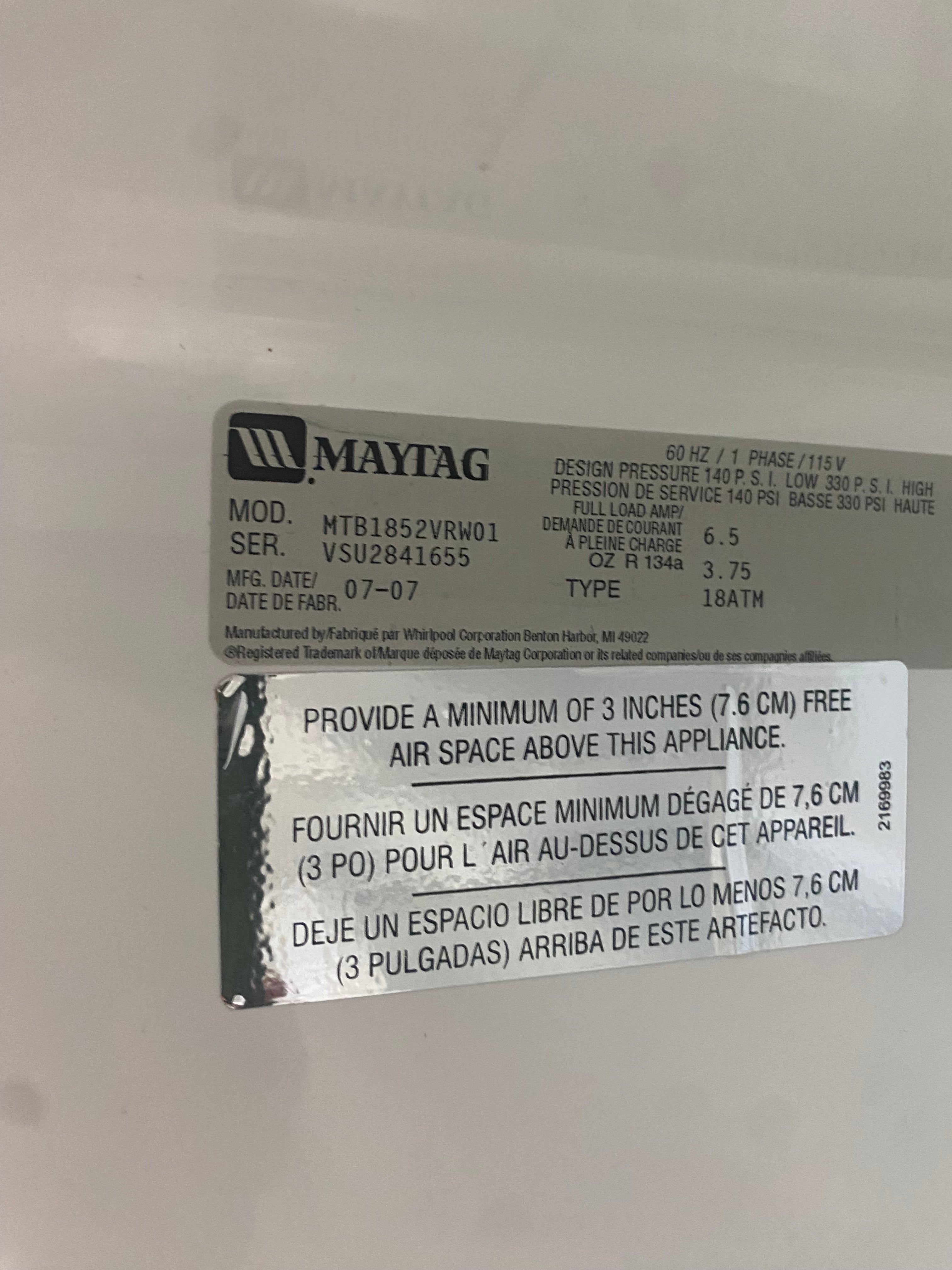 Maytag white fridge, "Refurbished"