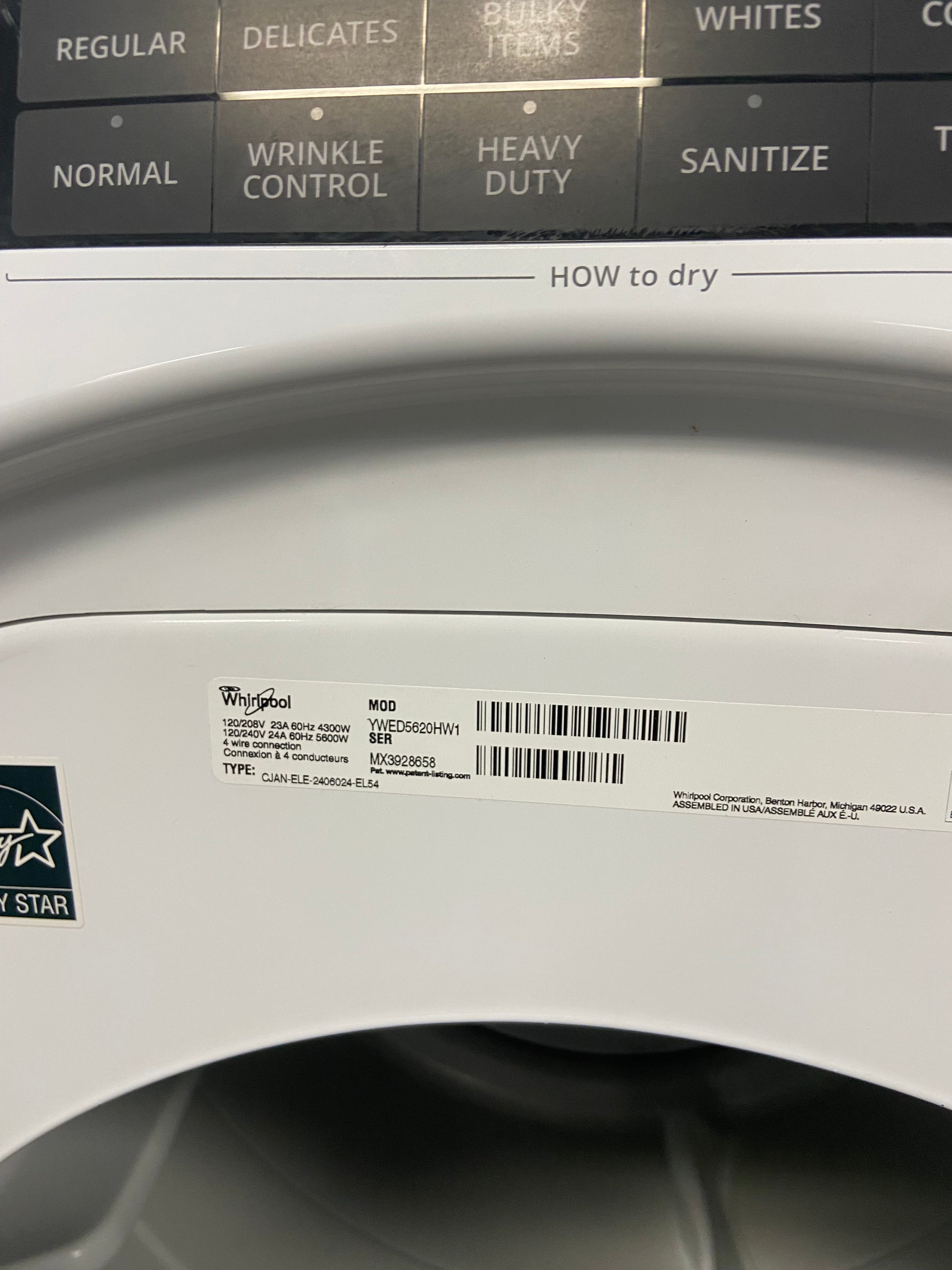 Whirlpool YWED5620HW1 Electric Dryer, 7.4 cu. ft. Dryer Capacity, 36 Dry Cycles, 4 Temperature Settings, Vented, Stackable, White colour