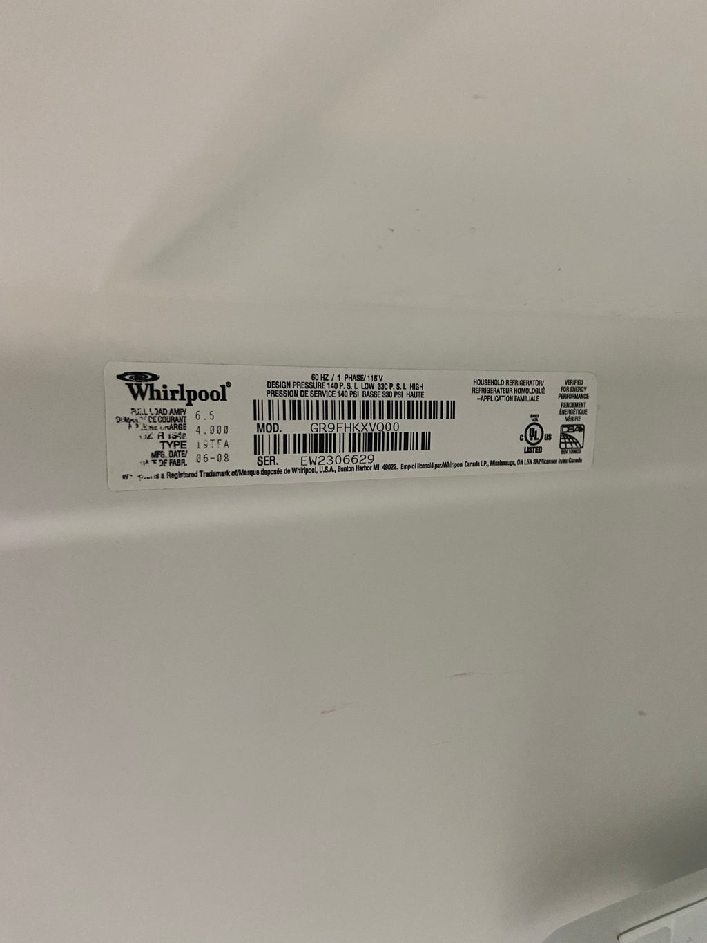 GR9FHKXVQ00 30 inch whirlpool gold fridge