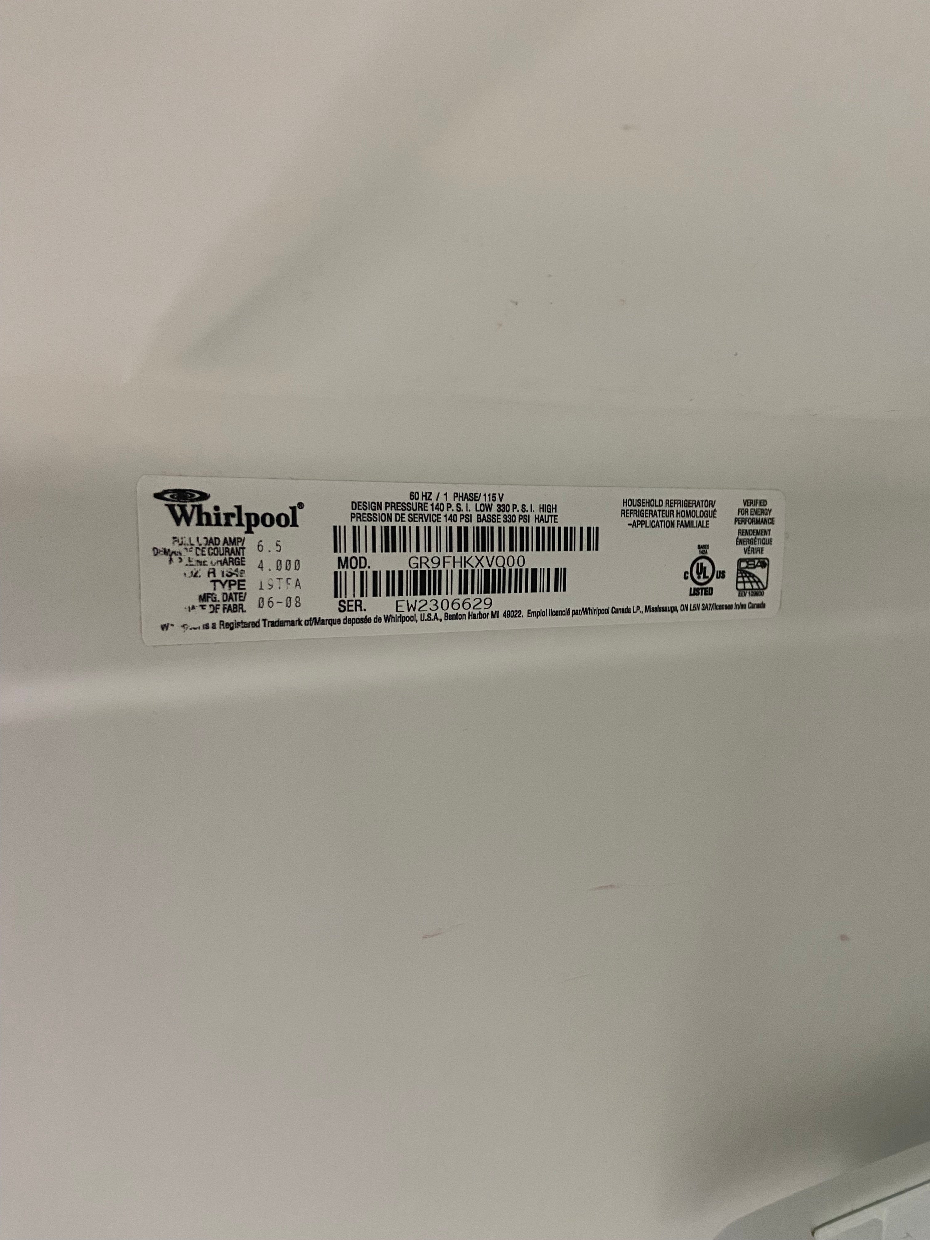 GR9FHKXVQ00 30 inch whirlpool gold fridge