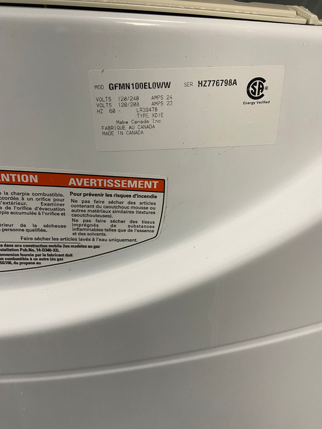 GE GFMN100ELOWW Dryer, 27 inch Width, 7 cu. ft. Capacity
