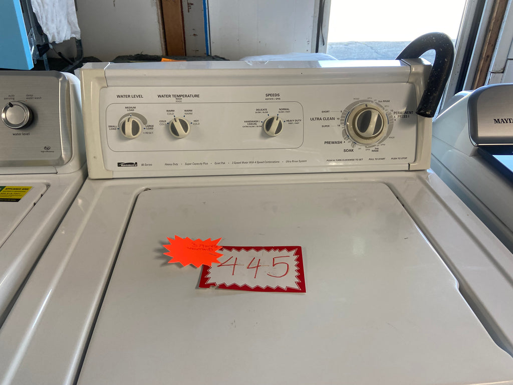 White 27” Width Kenmore Top Load Washer with an Agitator, comes with a 120v plug