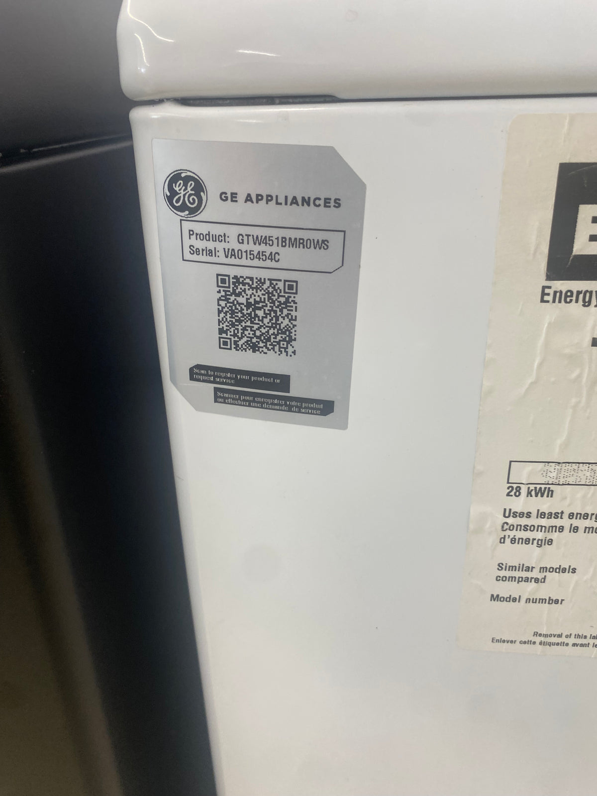 27” GE top load washer, White "Used"