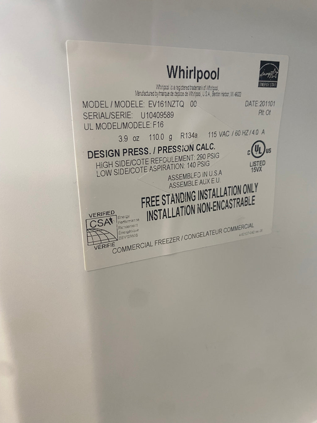 14 cuft White Whirlpool Upright/Stand up freezer “used”