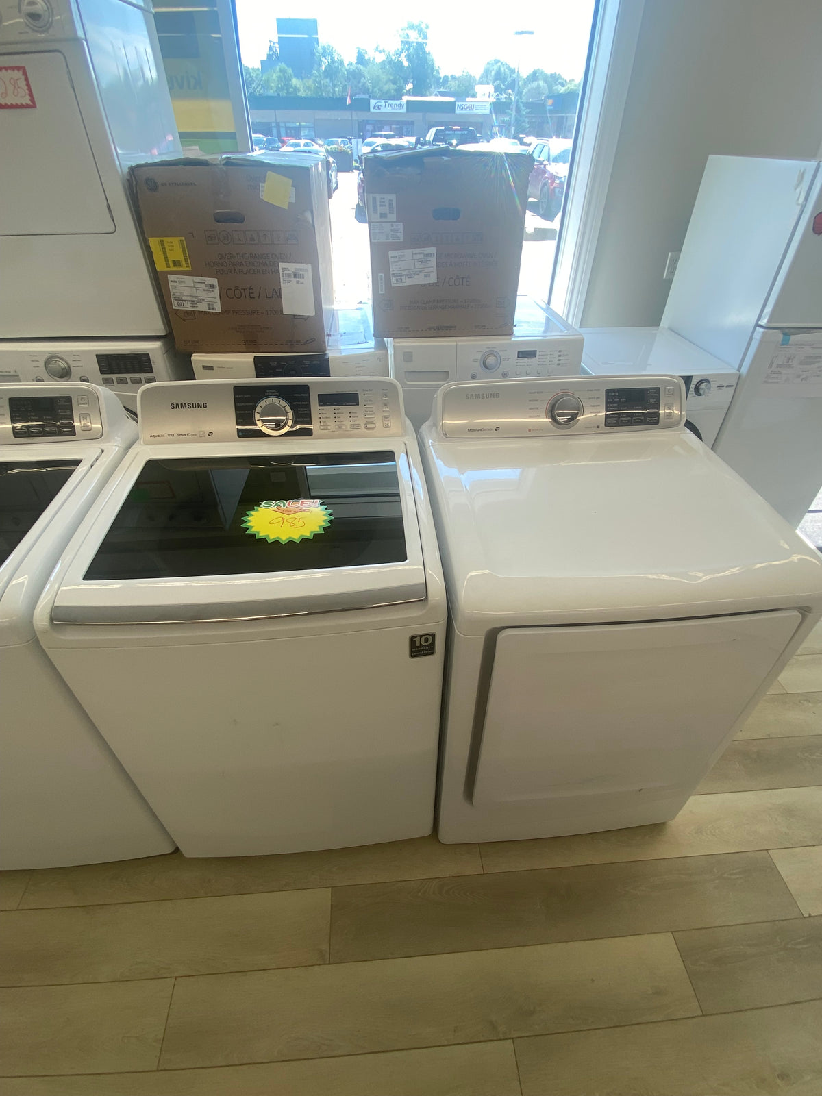 27” Samsung Washer and Dryer Set, Side by Side Setup, White in Color, "Refurbished".