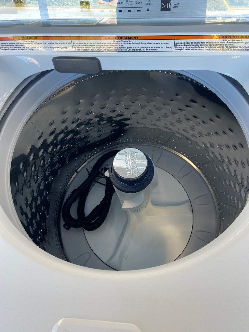 Maytag Top Load Washer, White, transparent top cover, “Brand New” 1 year warranty.