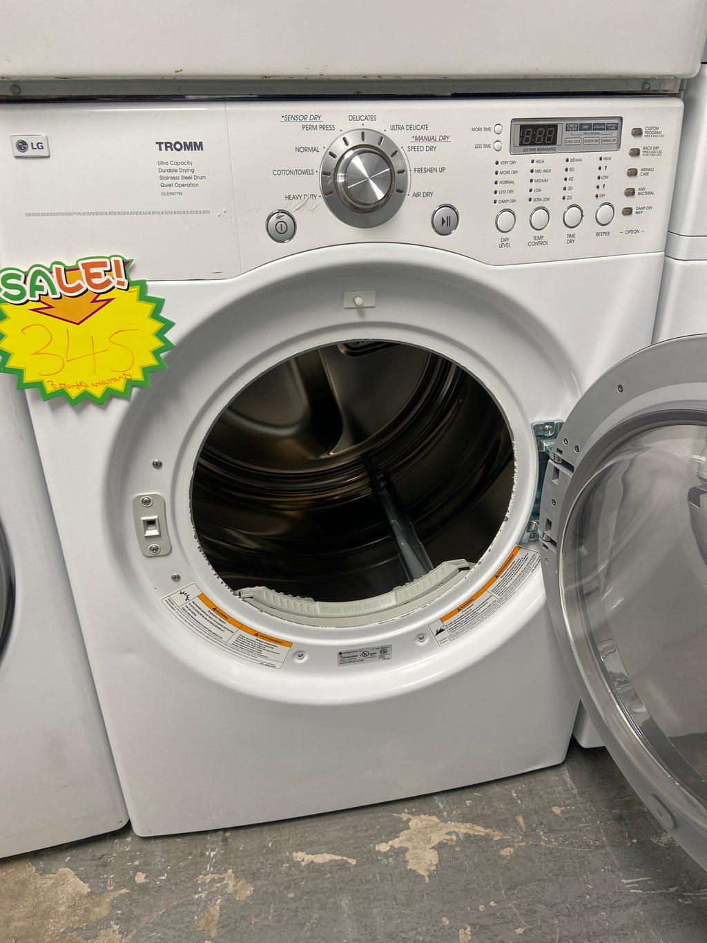 LG white dryer, sensor dry, manual dry, stainless steel drum, “Refurbished”, 3 Months warranty