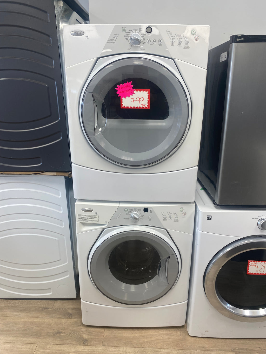 White 27" Whirlpool stackable 3.4 cuft washer and 4.6cuft dryer "refurbished"