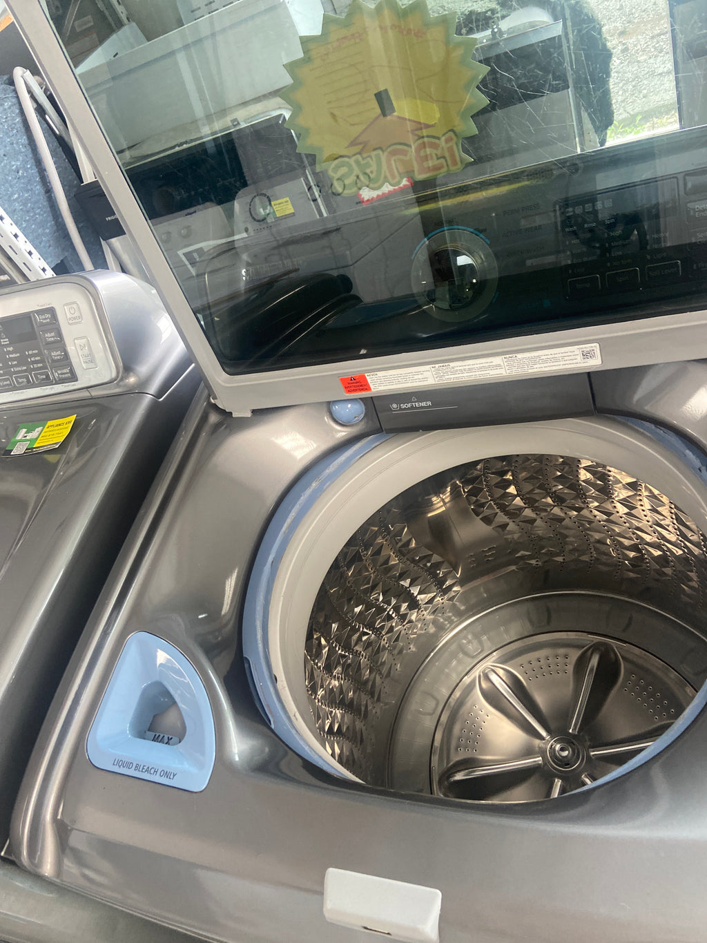 Samsung Grey top load washer, transparent glass cover, he(high efficiency marked), smart care and child lock features, “Refurbished”, 3 Months Warranty.