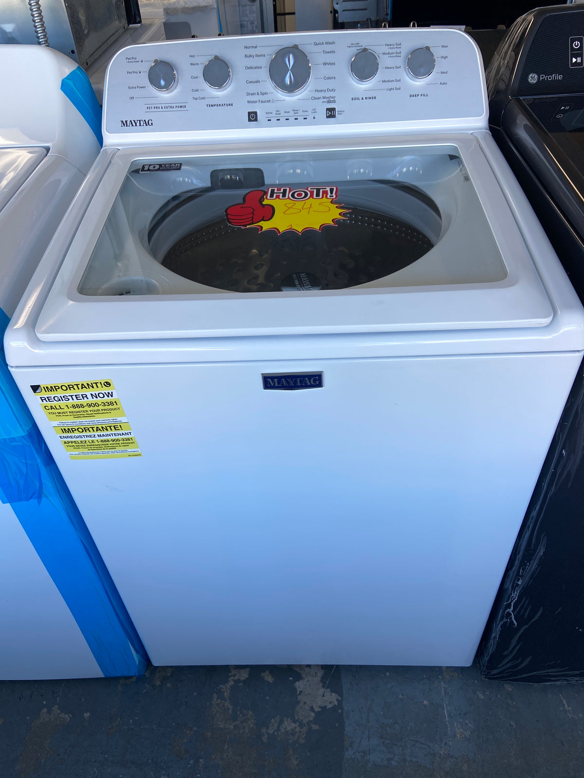 Maytag Top Load Washer, White, transparent top cover, “Brand New” 1 year warranty.