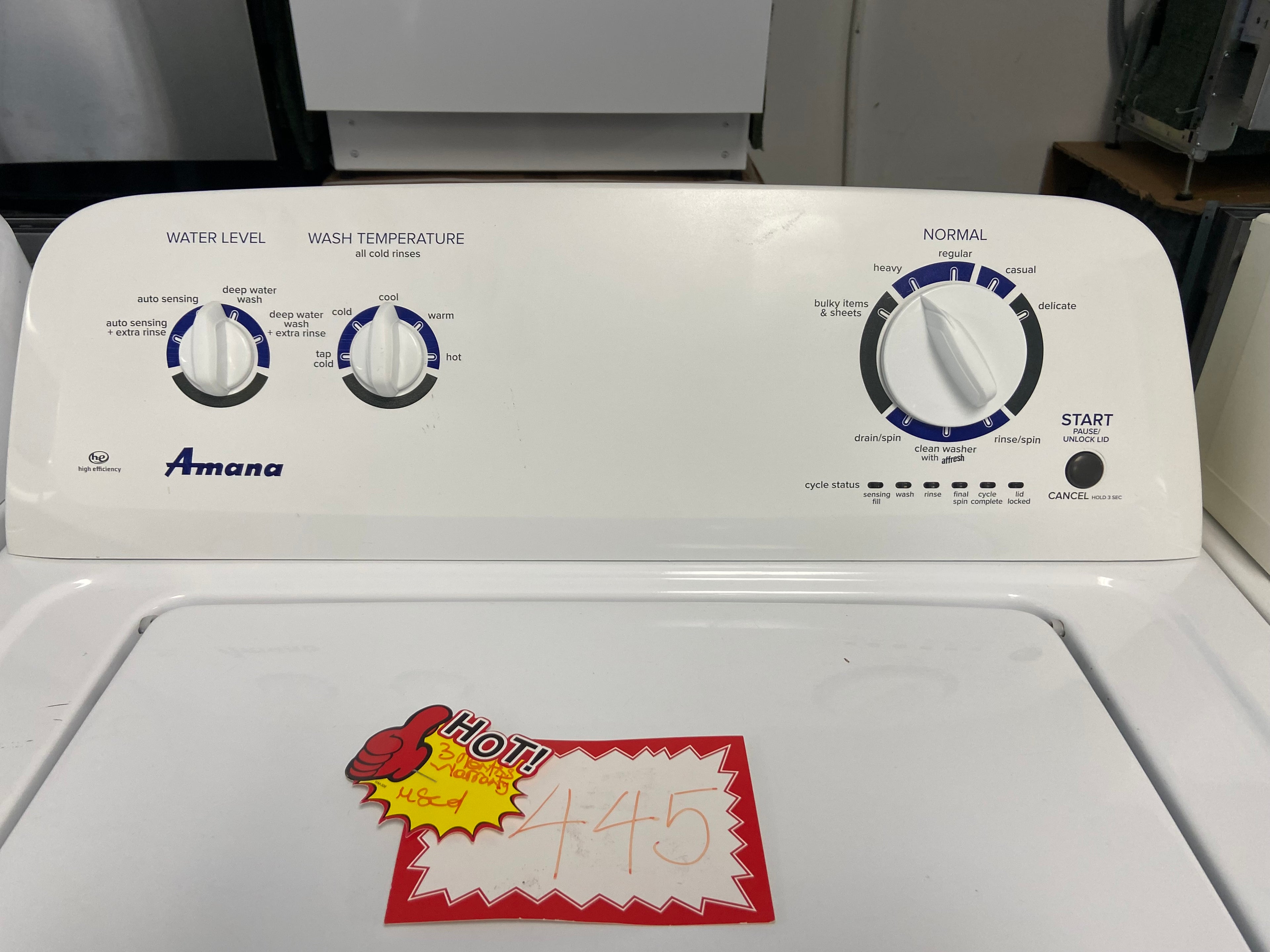 White 27 inch Amana Top Load Washer, with an Agitator, NTW4516FW2 "Refurbished"