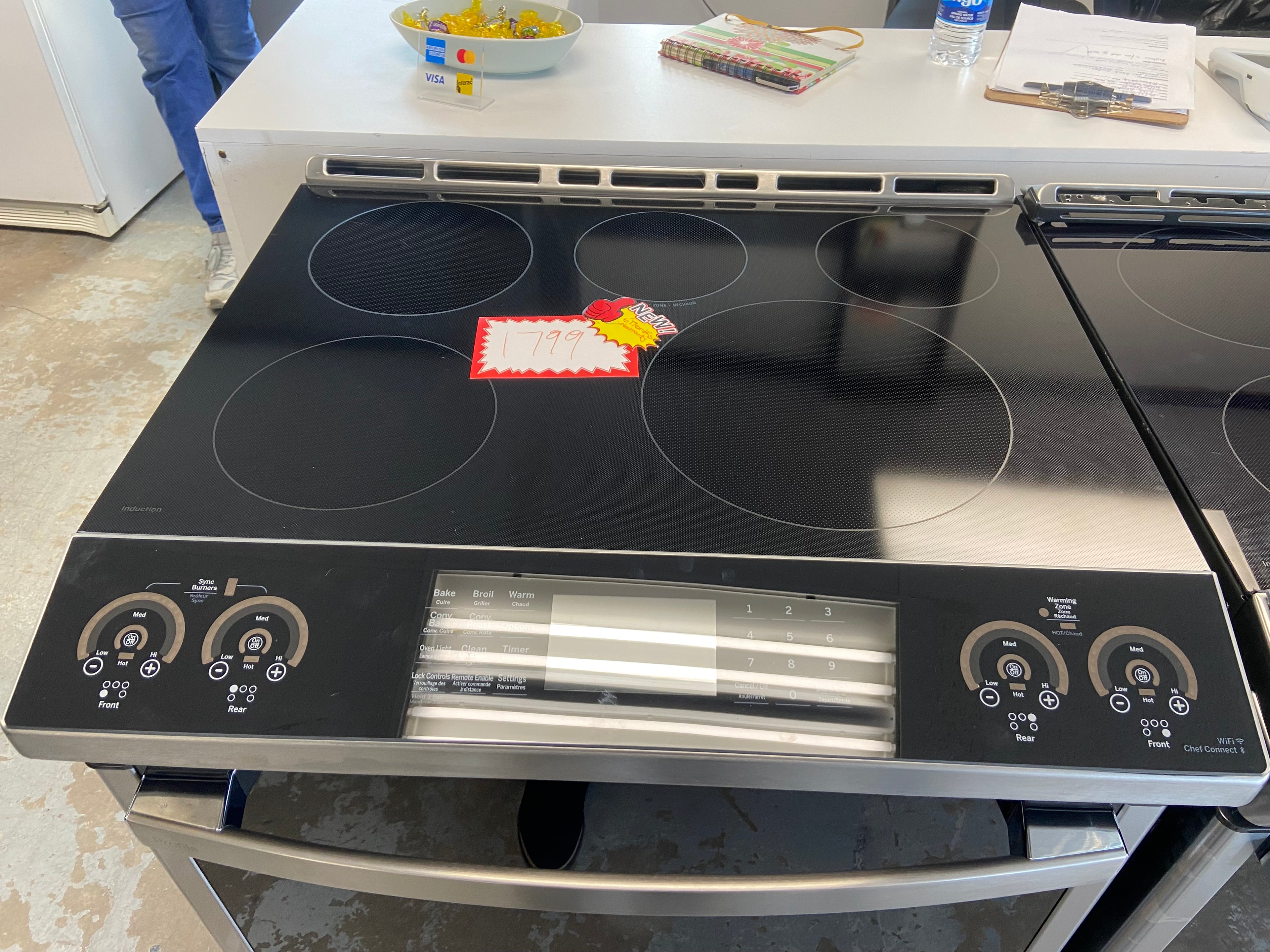 GE Profile Induction Range, 5.3 cu. ft. Capacity, 30 inch Exterior Width, True Convection, 5 Burners, Storage Drawer, Yes, Self Clean, 3,700 W Highest Element, Stainless Steel colour True European Convection, Self Clean Racks, Temperature Probe
