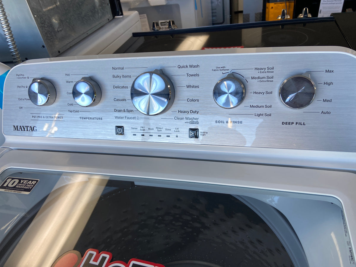 Maytag Top Load Washer, White, transparent top cover, “Brand New” 1 year warranty.