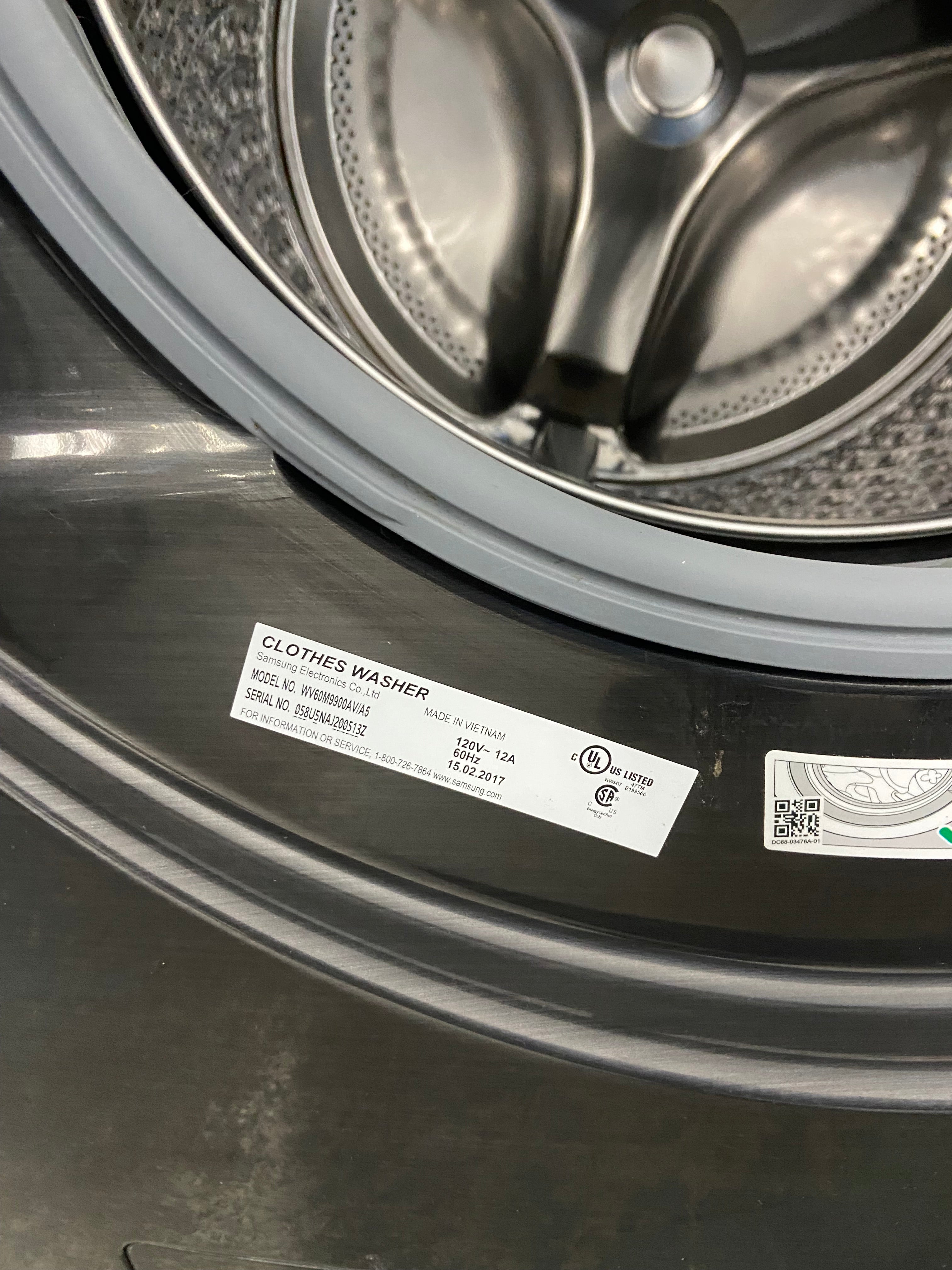 Samsung WV60M9900AV/A5 Front Load Washer, 1,300 RPM Washer Spin Speed, 12 Wash Cycles, 5 Temperature Settings, Water Heater, Steam Clean, ENERGY STAR Certified, Wifi Enabled, Black Stainless Steel colour FlexWash