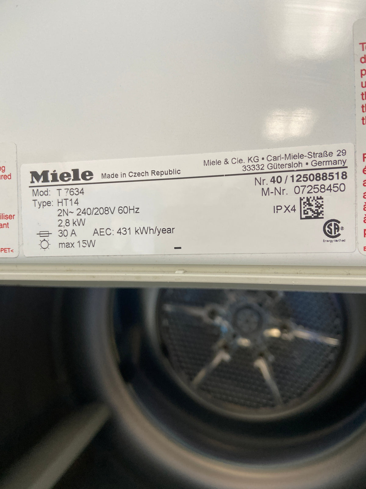Miele white dryer, apartment size (24”), “Refurbished”, 3 Months Warranty.