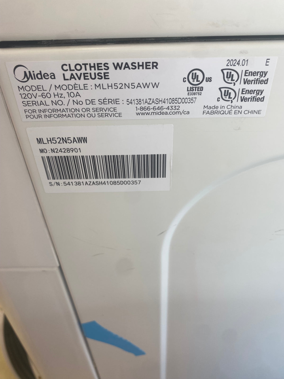 White 27" Midea Front load stackable washer, white "Refurbished"