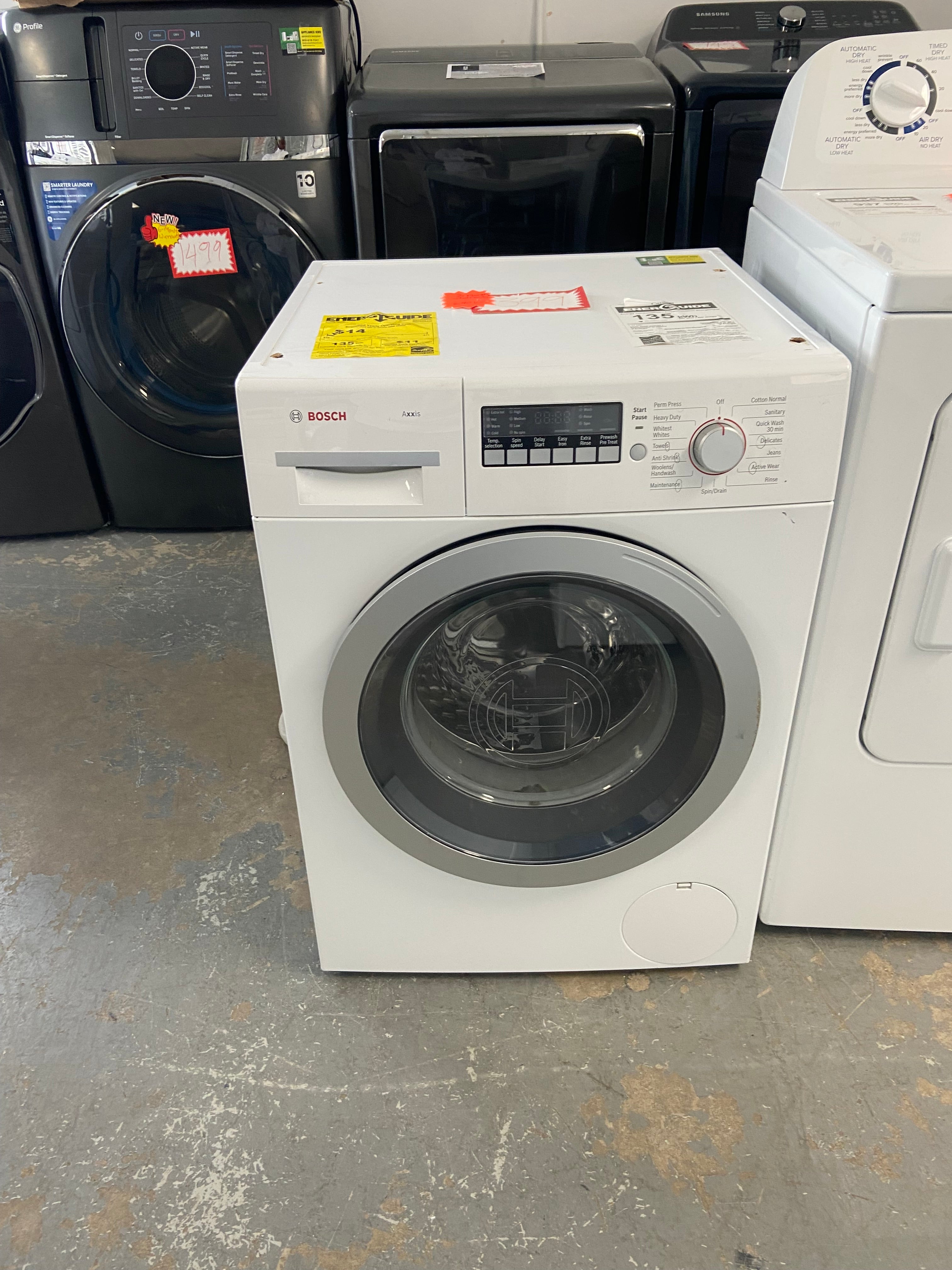 Bosch WAP24201UC Front Load Washer, 23 1/2 inch Width, 2.2 cu. ft. Capacity, 15 Wash Cycles, 6 Temperature Settings, Stackable, 1200 RPM Washer Spin Speed, Water Heater, Silver Door colour